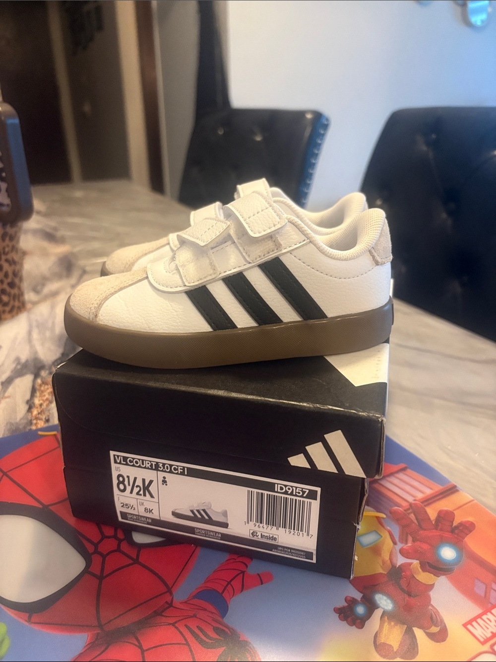 adidas Kids White and Black Velcro Sneakers with Brown Sole
